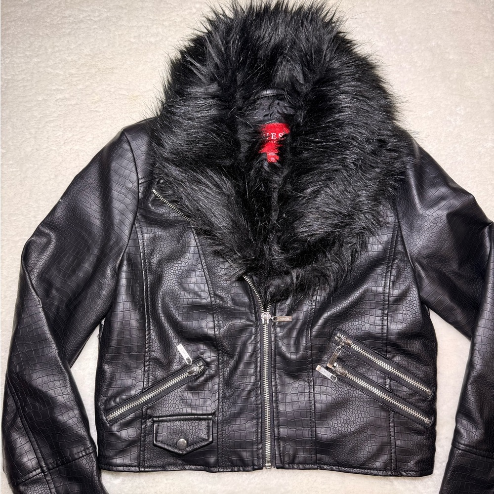 Guess faux leather moto jacket removable faux fur collar crop size XS